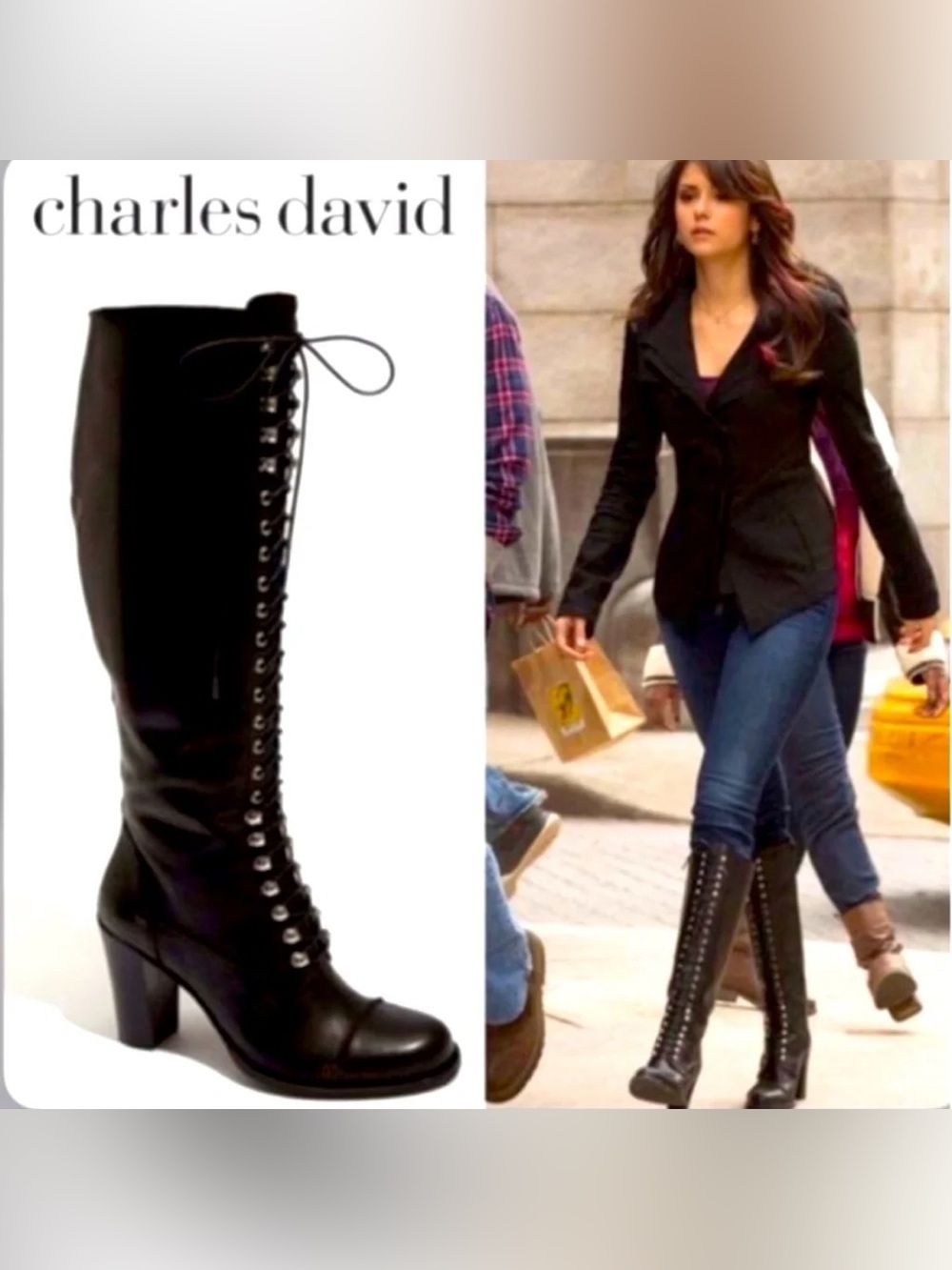 Vintage Charles David Black Leather Lace-Up Regiment Tall Boots Witchy Sz 6.5